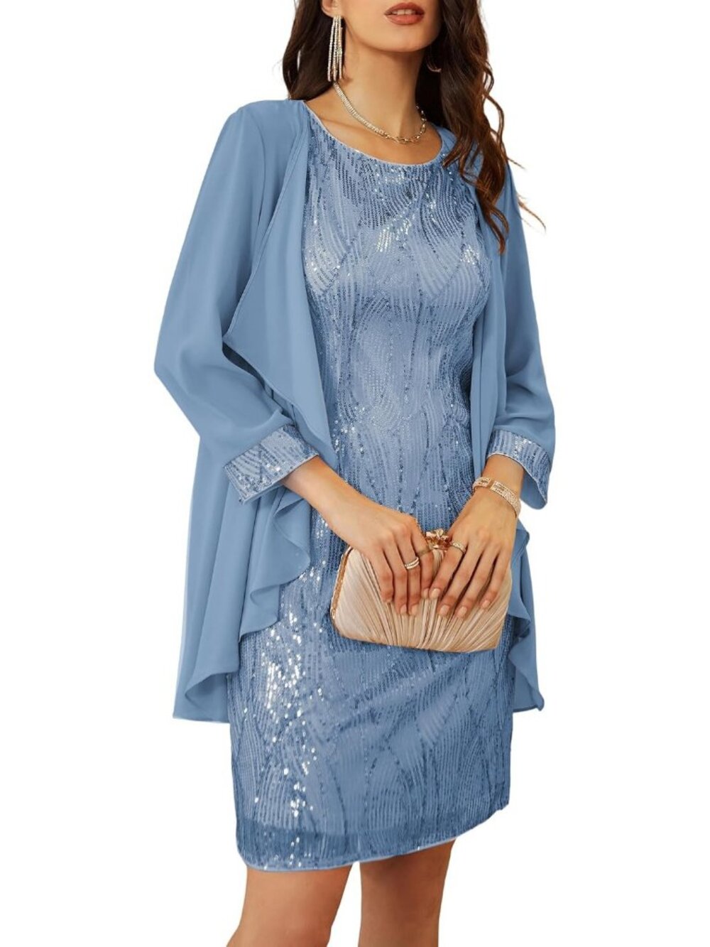 Women's Light Gray Blue Two Piece 3/4 Sleeve Knee Length Crew Neck Bodycon Dress